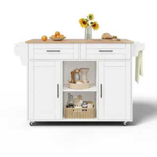 Stilvora Kücheninsel in Weiß Servierwagen mit klappbarer Arbeitsplatte und Schubladen für Küche und Wohnzimmer, B145/T45/H94.5 cm , Holzwerkstoff , Rechteckig , 145x94.5x70 cm , Küchen, Küchenmöbel, Kücheninseln
