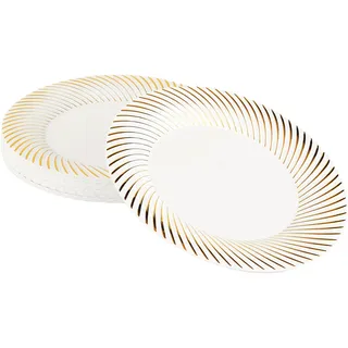 MATANA 20 Weiße Plastikteller mit Goldrand, 25cm - Mehrweg Kunststoffteller, Partyteller Gold für Hochzeiten, Geburtstage, Partys - Elegantes & Stabiles Partygeschirr