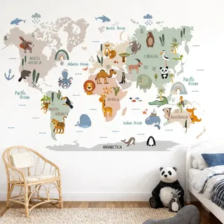 1 Stück Weltkarte Tiere Wandaufkleber Wandtattoo Kinderzimmer Wandtattoo Kinderzimmer Wandsticker Weltkartes Tiere für Junge Mädchen Wanddeko Selbstklebend