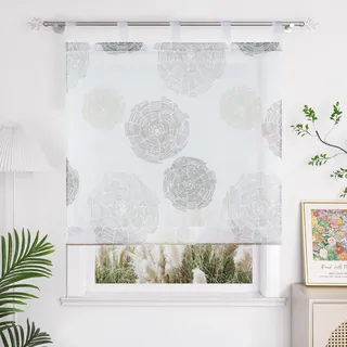 Yujiao Mao Voile Raffrollo mit Schlaufen, Weiß Braun, BxH 100x150 cm | Moderne Raffgardine mit Kreis-Muster, Halbtransparente Küchengardine, Raffrollo für Küche und Wohnzimmer, Sichtschutz