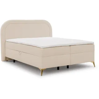 S-Style Boxbett Sonna 200/200 cm Hellbeige Bouclé-Stoff mit abgerundetem Kopfteil und mit goldenen Metallfüße , Beige, Goldfarben , Echtholz, Teilmassiv,Birke, Buche , H3 , 200x200 cm , FSC Mix, Oeko-Tex®, Hergestellt in Europa , Schlafzimmer, Betten, Boxspringbetten