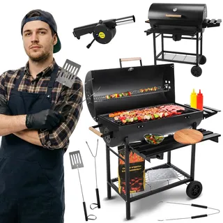 Five-Star Grill&Chill Holzkohlegrill mit Deckel – Großer Grillwagen mit Chromrost 71×35 cm & Thermometer – Für Garten & Terrasse – Aschekasten, Lüftungsöffnungen, 2 Räder