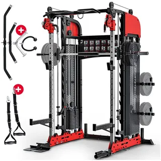 Sportstech Kraftstation SXM200 Smith Machine, mit 140 kg Kabelzug, geführter Langhantel & Klimmzugstange