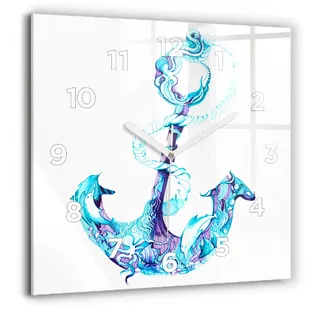 Wallfluent Große Wanduhr – Stilles Quarzuhrwerk - Uhr Dekoration Wohnzimmer Schlafzimmer Küche - Zifferblatt - weiße Zeiger - 60 cm - Anker im Meer - Blau