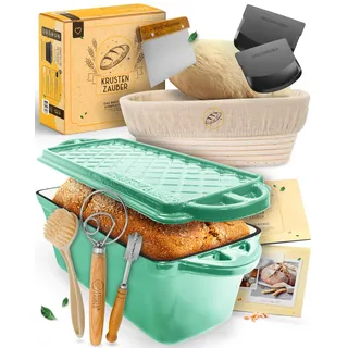 KRUSTENZAUBER Brotbackform aus Gusseisen im XXL-Set inkl. Brot back Zubehör | Geschenkfertige Emaille Gussform mit Deckel samt Zubehör & Anleitung für den sicheren Einstieg und gelungenes Brot zu Hause