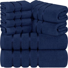 Utopia Towels - 8er Handtücher Set aus Baumwolle mit Viskosestreifen und Aufhänger, 2 Badetücher, 2 Handtücher, 4 Waschlappen (Marineblau)