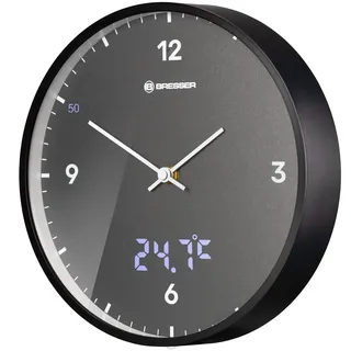 Bresser MyTime Wanduhr mit Funk ohne Tickgeräusche mit 24 cm großem Ziffernblatt, LED Sekundenanzeige, Innentemperatur und geräuschlosem Funkuhrwerk, grau