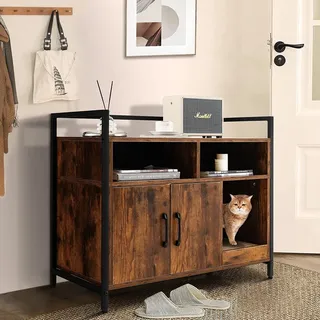 COSTWAY Katzentoilette mit Doppeltüren, Kratzunterlage, offenem Regal & 2 Fächern, Katzenklo, Katzenhöhle, Katzenhaus , für Katzen Hunde Haustier (Kaffee)