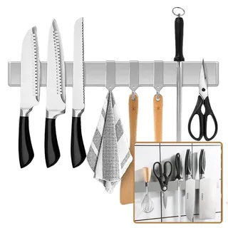 [Verbesserte 50cm]Trhillsbrad Magnetleiste Messer, 50cm Messerhalter Magnetisch mit 3 Haken Edelstahl Messerleiste Selbstklebend, Silbrig Wandhalterung Magnetleiste Ohne Bohren Messerhalter