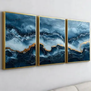 PWAAHDC Wandbilder 3er Set mit Rahmen 30x40 cm, Abstrakte Blau Gold Leinwand Poster für Wohnzimmer & Schlafzimmer Modern