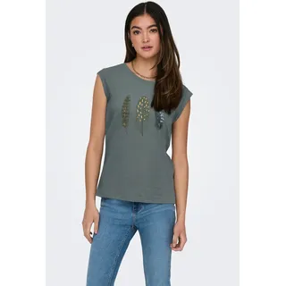Kurzarmshirt ONLY "FEEL/FEATHERS TOP BOX CS JRS", Damen, Gr. L, grün (balsam grün print:three feather), Jersey, Obermaterial: 100% Baumwolle, bedruckt, unifarben, figurumspielend hüftbedeckend, Rundhals, angeschnitten, Shirts Kurzarmshirt, Topseller