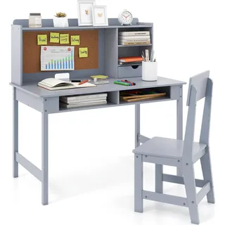 COSTWAY Schreibtisch Kinder, Kinderschreibtisch Set, Jugenschreibtisch mit Pinnwand, Stuhl, Aufsatz, Schublade & Regalen, für Kinder ab 3+, Grau - Grau