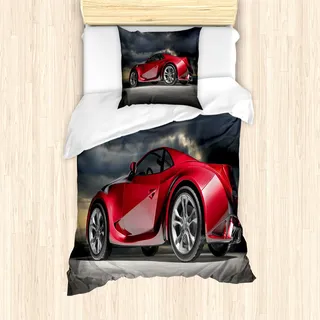 ABAKUHAUS Autos Mantele, Moderne Red Sports Vehicle, Milbensicher Allergiker geeignet mit Kissenbezügen, 135 cm x 200 cm - 80 x 80 cm, Rot Grau Schwarz
