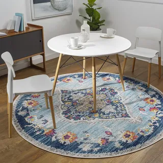 Livabliss Palma Vintage Boho 160x160 cm – Orientalischer Stil mit Buntem Muster in Blau, Fuchsie, Senfgelb & Orange, modernes Design für Wohnzimmer, Schlafzimmer & Esszimmer