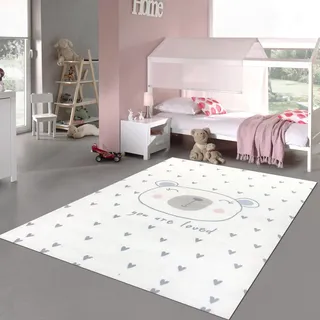Teppich-Traum Kinderteppich Hochflor Bär Herzen Creme Grau 120x170 cm | Flauschiger Kinderzimmerteppich, weich, pflegeleicht, allergikerfreundlich, schadstofffrei, OEKO-TEX geprüft, 18 mm Flor