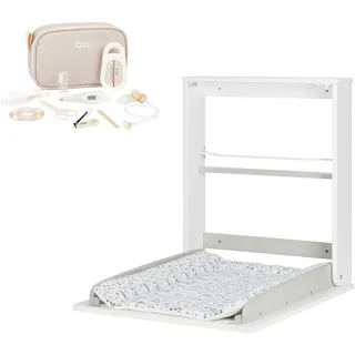 Badabulle Wickeltisch Klappbar Plouf & Pflege Kit Baby Kompakt Sand - Wandklappbarer Wickeltisch - Ultra-kompakt für kleine Räume - Wickelmatratze im Lieferumfang enthalten - Eingebautes Regal