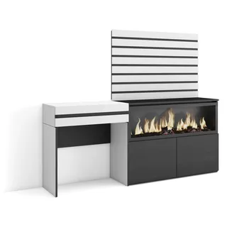 Skraut Home | Schminktisch | Frisiertisch mit Stauraum | 177x145x35 cm | mit Schublade | Elektrokamin XXL | Lamellenwand Holz | Moderner Stil | Weiß