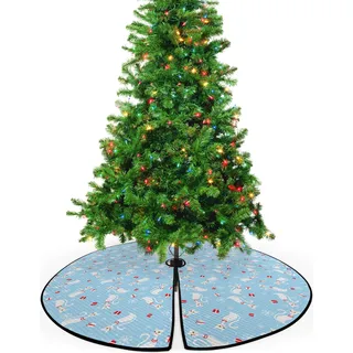 ABAKUHAUS Weihnachten Weihnachtsbaum Rock und Schürze Katzen mit Ketten, Weihnachtsdeko 135 cm aus Stoff Weihnachtsbaumschmuck, Blassblau, Rot, Weiß