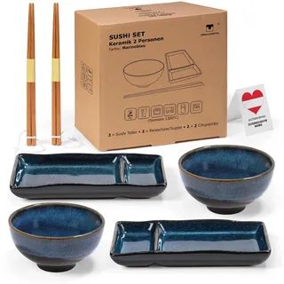 Sushi Geschirr set "Misaki" für 2 Person, Set Japanischer für Miso Suppe Maki Reis, aus 2 Teller Set, 2 Schalen aus Keramik, 2 Paar Stäbchen (Marinblau)