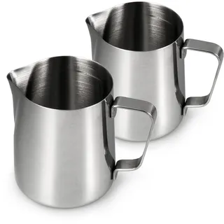 Ganzoo Barista Milchkännchen 2er Set, Edelstahl Aufschäumkanne je 350 ml, hochglanz Silber, konisch mit Henkel, Ausgießnase für präzises Eingießen, spülmaschinengeeignet, Hinweis: nicht für Induktion