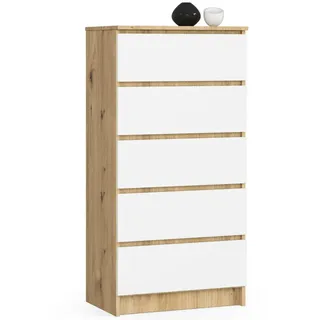 Akord Kommode Eiche Artisan, Weiß 60x40x121 cm , Holzwerkstoff , Nachbildung , Holz Optik , 5 Schubladen , Rechteckig,Rechteckig , 60x121x40 cm , Kleinmöbel, Kommoden, Highboards