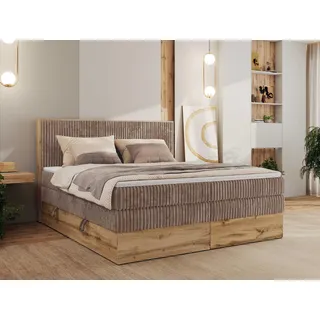 MKS MEBLE Boxspringbett WOOD CLASSIC KING, Doppelbett mit zwei Multipocket-Matratze und Toppper, hohe Kopfteil, Stauraum - 200 x 200 cm - H3 - Braun Cord - Braun