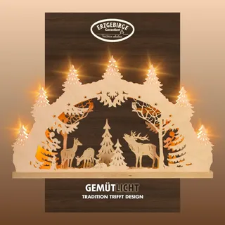 Schwibbogen WEIGLA "Hirschfamilie, Lichterbogen aus Holz, NATUR, Made in Germany", beige (natur), B:52cm H:32cm T:6cm, Holzwerkstoff, Schwibbögen, Schwibbogen, Erzgebirge garantiert, Weihnachtsdeko Innen, Weihnachtsbeleuchtung