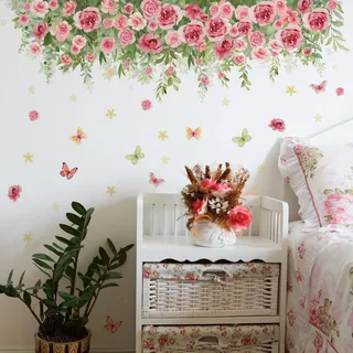 Runtoo Wandtattoo Hängende Blumen Wandsticker Rose Pflanzen Blätter Schmetterlinge Wandaufkleber Wohnzimmer Schlafzimmer Kinderzimmer Babyzimmer Wanddeko