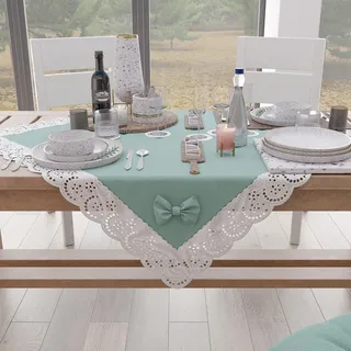 PETTI Artigiani Italiani - Quadratische Mitteldecke, Baumwolle mit Sangallo-Spitze und Schleifen, 95 x 95 cm, Aqua