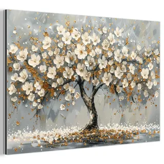 MuchoWow Metallbild Baum - Blumen - Weiß - Natur - Kunst 120x80 cm , Metall , Rechteckig , 120x80 cm , einfache und schnelle Anbringung , Bilder & Rahmen, Bilder, Holz & Metallbilder