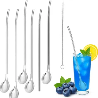 LeGeYo Edelstahl Trinkhalmlöffel 6er Set + Bürste 2-in-1 Strohhalm & Löffel 304 Edelstahl Spülmaschinenfest ca. 21 cm