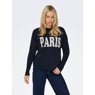 Strickpullover ONLY "ONLJERICO L/S PULLOVER KNT NOOS", Damen, Gr. XL, blau (schwarz navy detail:cd paris), Strick, Obermaterial: 68% Polyacryl, 12% Polyester, 11% Nylon, 6% Wolle, 3% Elasthan, bedruckt, oversize hüftbedeckend, V-Ausschnitt, Rippbündchen, Pullover Strickpullover