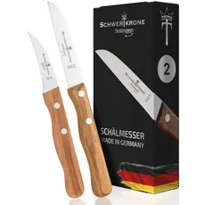 Schwertkrone Solingen Schälmesser 2er Set - Obstmesser & Gemüsemesser mit Olivenholzgriff - 15,5 cm gebogen / 17,5 cm rostfrei - Vogelschnabel & Gerade