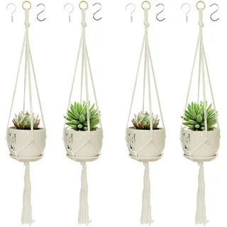 LOOGI Makramee Blumenampel 4er Set,Boho Deko Baumwollseil Hängeampel Blumentopf Pflanzen Halter Aufhänger für Innen Außen Decken Balkone Wanddekoration