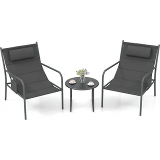 COSTWAY 3-tlg. Balkonmöbel Set, Gartenmöbel Set mit 2 Stühlen & Tisch, Sitzgruppe mit atmungsaktivem Sitzstoff, Gartengarnitur - Grau