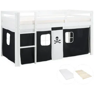 Homestyle4u Hochbett mit Matratze 90/200 cm Pirat , Weiß, Schwarz , Holz , Kiefer , 90x200 cm , Babymöbel & Kindermöbel, Kinderzimmer & Jugendzimmer, Kinderbetten, Hochbetten