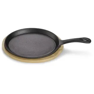 ECHTWERK Servierpfanne aus Gusseisen, Mini Pfännchen mit Servierbrett, Kleine Grillpfanne, Bereits eingebrannt, Für Backöfen, Grill, BBQ und Induktion geeignet, Ø 18,5 cm