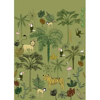 Rasch Tapeten 842142 - Fototapete auf Vlies mit Palmen, Blättern und Tieren in Grün und Braun aus der Kollektion Onszelf Stories - 2,80 m x 2,00 m (LxB)