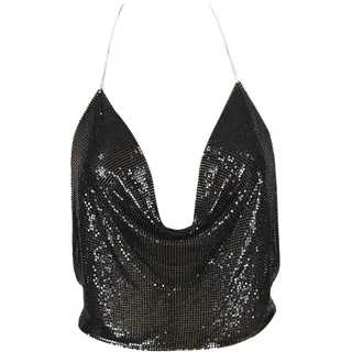 ZUMUii Butterme Damen Sexy Deep V Kette Halter Ärmellos Backless Metall Weste Sequin Crop Top Club Wear (Schwarz)
