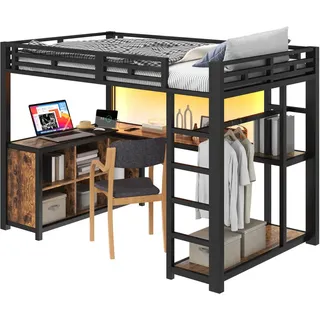 Stilvora Hochbett 140/200 cm in Schwarz mit Led, Usb, Schreibtisch und Stauraum , Metall, Holzwerkstoff , 140x200 cm , Babymöbel & Kindermöbel, Kinderzimmer & Jugendzimmer, Kinderbetten, Hochbetten