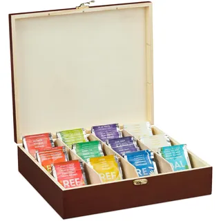 Relaxdays Teebox, 12 Fächer, Holz, Organizer für Teebeutel und Kaffeepads, Teekiste groß HBT: 7,5 x 29 x 26 cm, braun,