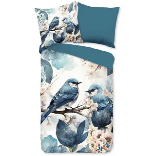 PURE luxury collection Wendebettwäsche »Zari« 2 Stk. tlg. Mikrofaser, 135x200, 2 Teilig, Wendeoptik, Vogel, Blumen, Blau,