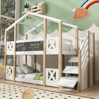 Kinder-Etagenbett 90x200 cm Baumhaus mit Treppe, Stauraum, Tafel und Rausfallschutz, EN 747-1:2024, 2 Lattenroste, Natur/Weiß - Weiß