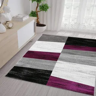 VIMODA Teppich Geometrisches Kachel Muster Meliert kariert in Lila Grau Weiß und Schwarz, Maße:80x250 cm