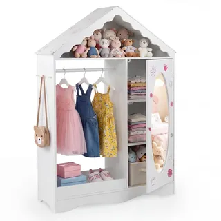 FANTASK Kinder Kleiderschrank Hausform, Kindergarderobe mit Spiegel, Kleiderstange, Regalen & Haken, Kinderzimmer Kleiderschrank für Mädchen & Jungen ab 3 Jahren, Kleiderständer Kinderzimmer (Weiß)