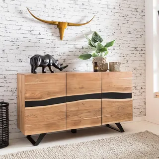FineBuy Sideboard Akazie Massivholz 150 cm mit 3 Türen- Massive Retro Baumkanten Kommode - Design Natur Anrichte - Handdustrial - Braun