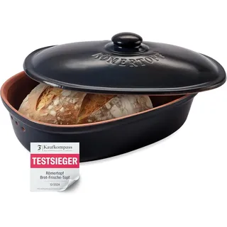 ROMERTOPF Römertopf Brottopf klein oval 2,3 L (MEDI) – kompakter Brotkasten aus Keramik mit Deckel für 1–2 Personen, hält Brot und Toastbrot frisch, atmungsaktiver Tontopf – Schwarz