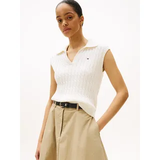 Pullunder TOMMY HILFIGER "CO CABLE MID GG OPEN POLO VEST", Damen, Gr. XL (42), ivory silk, Strick, Obermaterial: 100% Baumwolle, unifarben, regular fit normal, V-Ausschnitt, Pullover Pullunder, mit Zopfmuster