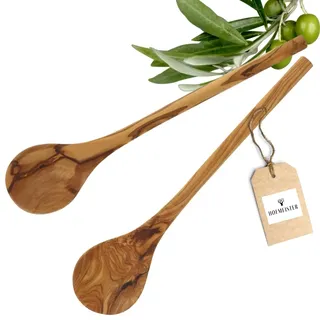 2x HOFMEISTER® Kochlöffel Olivenholz 30 cm – Holzlöffel schont beschichtete Töpfe und Pfannen – Unikat mit markanter Maserung, Handarbeit – rund