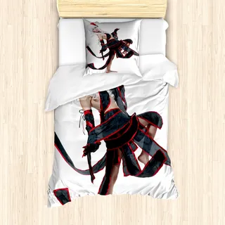 ABAKUHAUS Anime Mantele, Krieger Art-Mädchen, Milbensicher Allergiker geeignet mit Kissenbezügen, 135 cm x 200 cm - 80 x 80 cm, Rot, Weiß und Schwarz - Rot